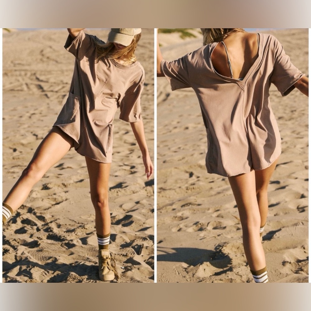 Free People Movement Hot Shot Tee Romper. Color Mocha Latte.